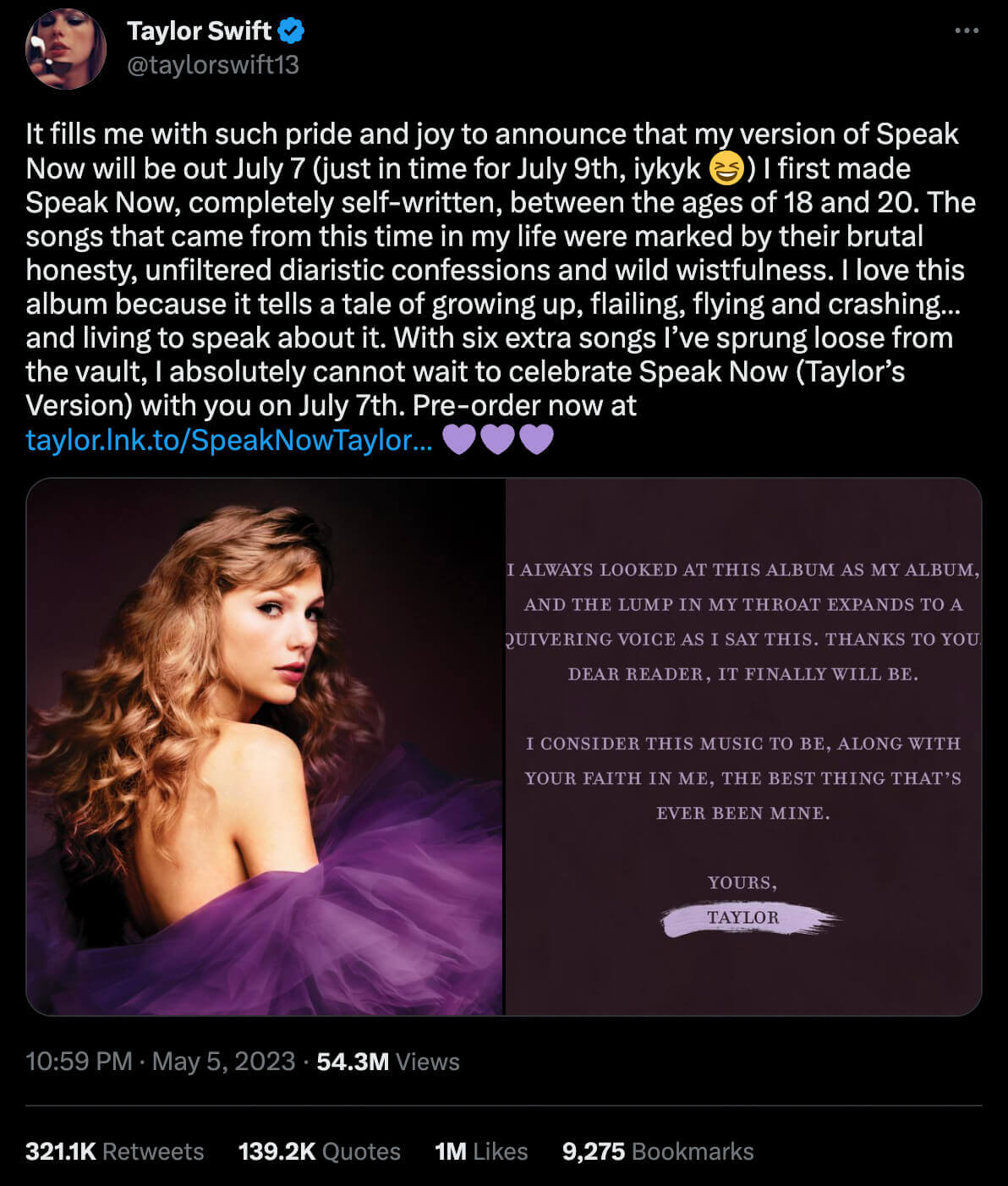 Taylor Swift using IYKYK in a tweet to reference the July 9th date mentioned in her "Last Kiss" song