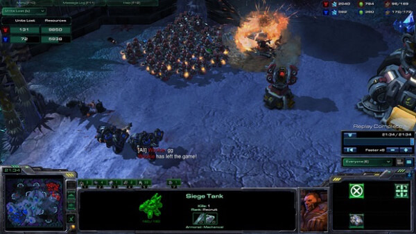 A player typing "gg" before surrendering a match in StarCraft 2
