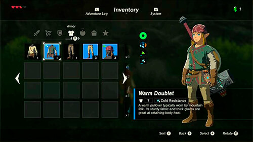 A player examining their lewt in The Legend of Zelda: BotW