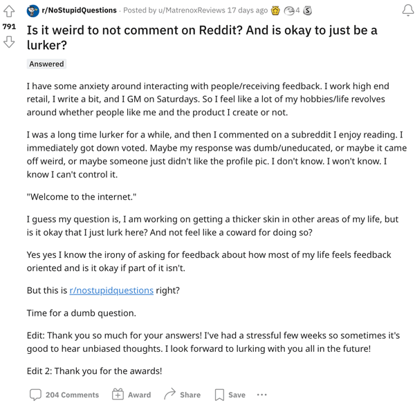 A Reddit lurker breaks their silence