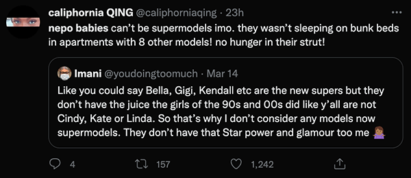 Tweet about super model nepo babies