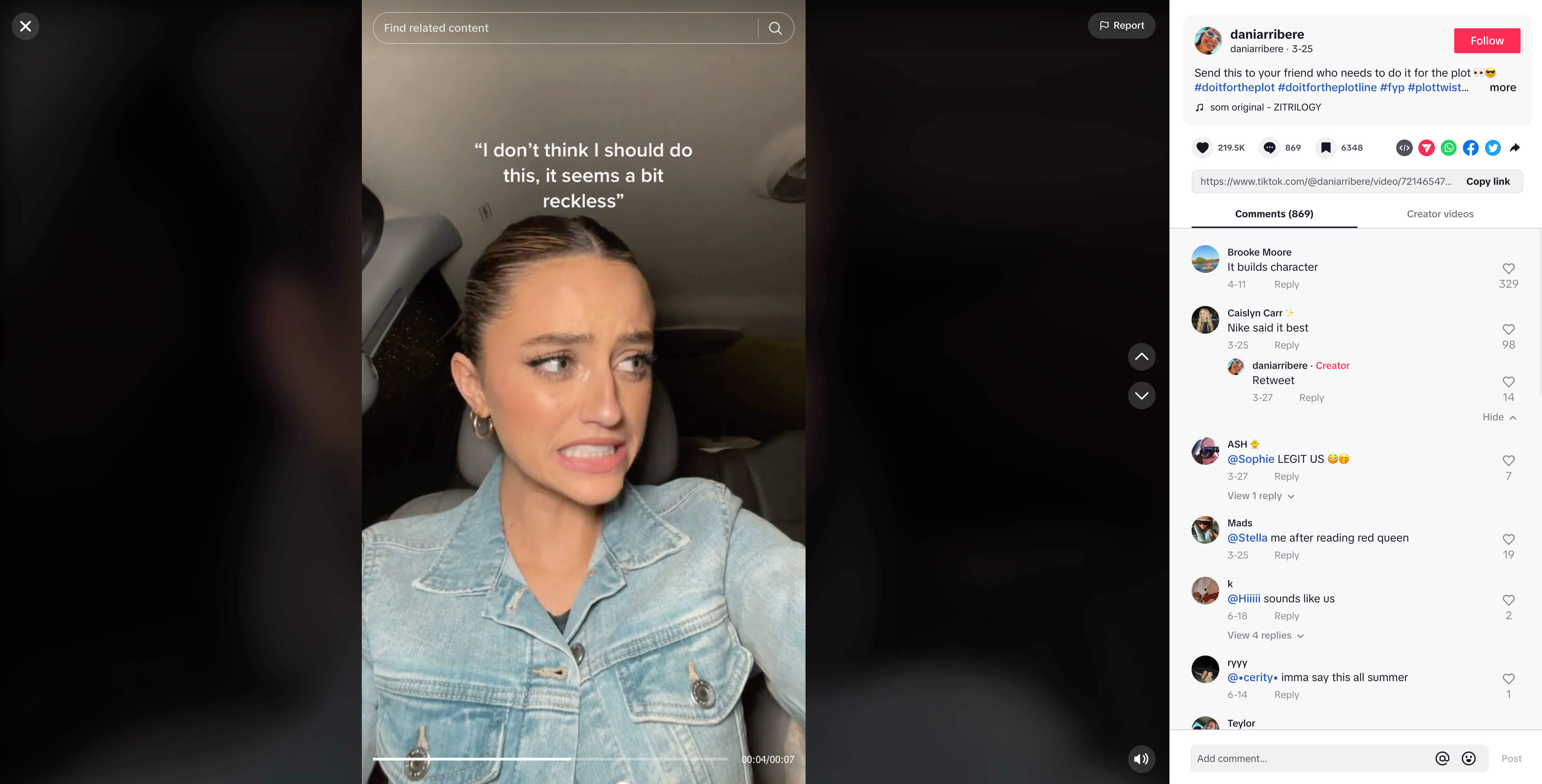 A TikTok post encouraging people to do it for the plot