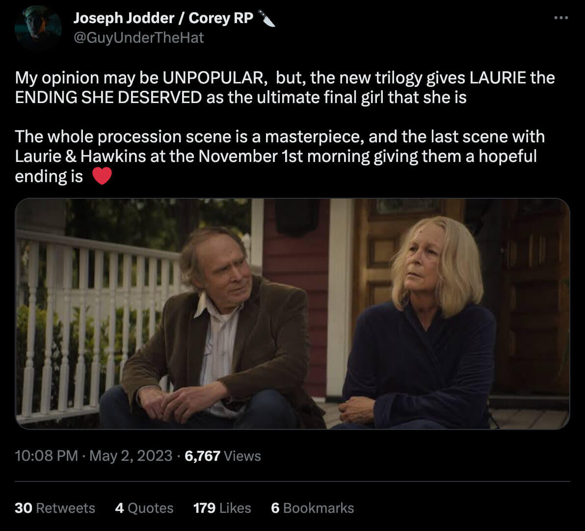 Tweet commending the tribute to final girl Laurie Strode